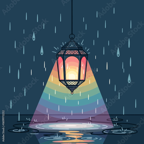 Lantern illuminates a rainy night reflecting in a puddle in a stylized illustration.