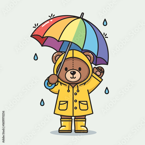 Cartoon bear in raincoat holding rainbow umbrella with raindrops on a light background.