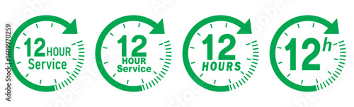 Green 12 hours service icon. Green 12 hours service duration sign. Green 12 hours or half day icon with circle arrow. Shipping delivery symbol. Twelve hour delivery clock icon . Hours time arrow.