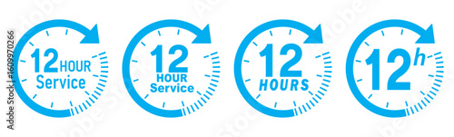 12 hours service icon vector set. Blue 12h duration sign. Blue 12 hours clock arrow icons,12 hr =delivery time symbols. Blue 12hr support sign collection. 12 hours icon vector set. 12hr servic icon