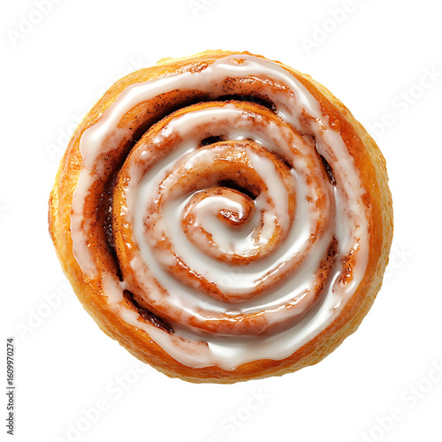 A top-down view of a glazed cinnamon roll with a spiral pattern
