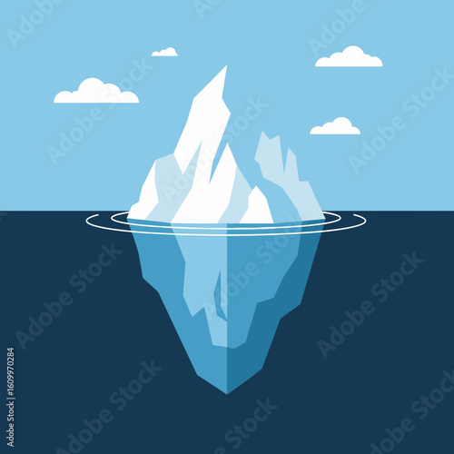 Iceberg floating in water with visible and hidden parts in a blue scene.