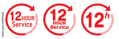 12 hours service icon vector set. Red 12h duration sign. Red 12 hours clock arrow icons, work and delivery time symbols. Red 12hr support sign collection. 12 hours icon vector set.