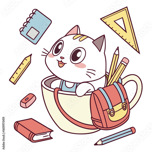 Cute SVG of a Happy British Shorthair cat in Chalkboard Fun colors, featuring sitting in a teacup ride in a Back to school setting