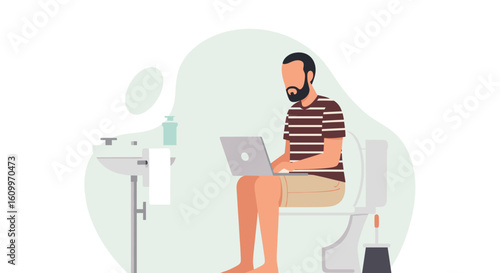 Man working on laptop while sitting on toilet - Illustration for website or blog post about work-life balance, humor, or modern lifestyle.