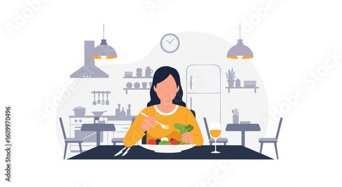 Woman enjoying a healthy salad in her modern kitchen - perfect for a healthy eating blog or cookbook.