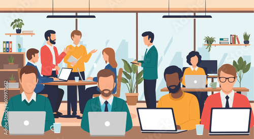 Diverse team of professionals working collaboratively in a modern office, ideal for business presentations and website banners.