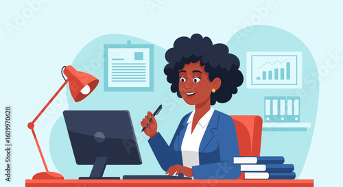 Smiling senior businesswoman working at her computer, perfect for websites or brochures about successful careers.