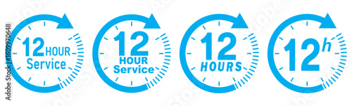 12 hours service icon vector set. Blue 12h duration sign. Blue 12 hours clock arrow icons, work and delivery time symbols. Blue 12hr support sign collection. 12 hours icon vector set.