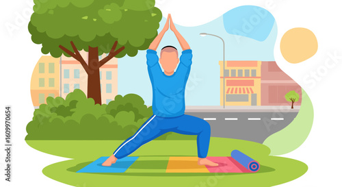Man practicing yoga outdoors in a city park. Perfect for websites, blogs, or health and wellness brochures.