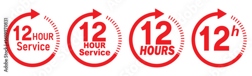 12 hours service icon vector set. Red 12h duration sign. Red 12 hours clock arrow icons, work and delivery time symbols. Red 12hr support sign collection. 12 hours icon vector set.