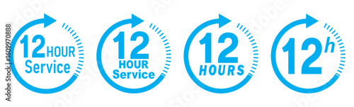 12 hours service icon vector set. Blue 12h duration sign. Blue 12 hours clock arrow icons, work and delivery time symbols. Blue 12hr support sign collection. 12 hours icon vector set.
