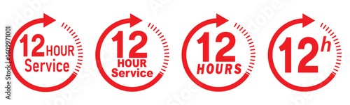 12 hours service icon vector set. Red 12h duration sign. Red 12 hours clock arrow icons, work and delivery time symbols. Red 12hr support sign collection. 12 hours icon vector set.