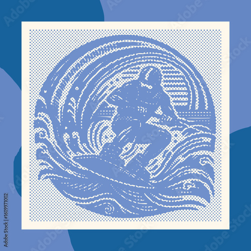  Man riding wakeboard on ocean waves blue color canvas template stamp dot halftone vector art