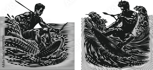  Monochrome lined photocopy effect engraving bundle of man wakeboard riding waves digital art