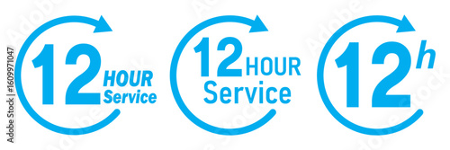 12 hours service icon vector set. Blue 12h duration sign. Blue 12 hours clock arrow icons, work and delivery time symbols. Blue 12hr support sign collection. 12 hours icon vector set.