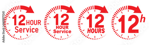 12 hours service icon vector set. Red 12h duration sign. Red 12 hours clock arrow icons, work and delivery time symbols. Red 12hr support sign collection. 12 hours icon vector set.