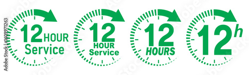12 hours service icon vector set. Green 12h duration sign. Green 12 hours clock arrow icons, work and delivery time symbols. Green 12hr support sign collection. 12 hours icon vector set.