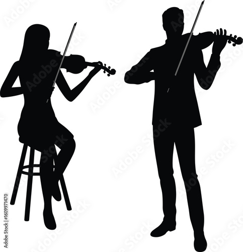 Silhouette of man and woman playing violin, standing and sitting, classical music performers, black white background, artistic illustration