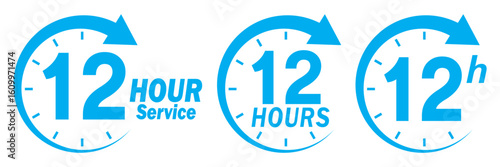 12 hours service icon vector set. Blue 12h duration sign. Blue 12 hours clock arrow icons, work and delivery time symbols. Blue 12hr support sign collection. 12 hours icon vector set.