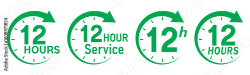 12 hours service icon vector set. Green 12h duration sign. Green 12 hours clock arrow icons, work and delivery time symbols. Green 12hr support sign collection. 12 hours icon vector set.
