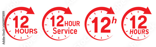 12 hours service icon vector set. Red 12h duration sign. Red 12 hours clock arrow icons, work and delivery time symbols. Red 12hr support sign collection. 12 hours icon vector set.