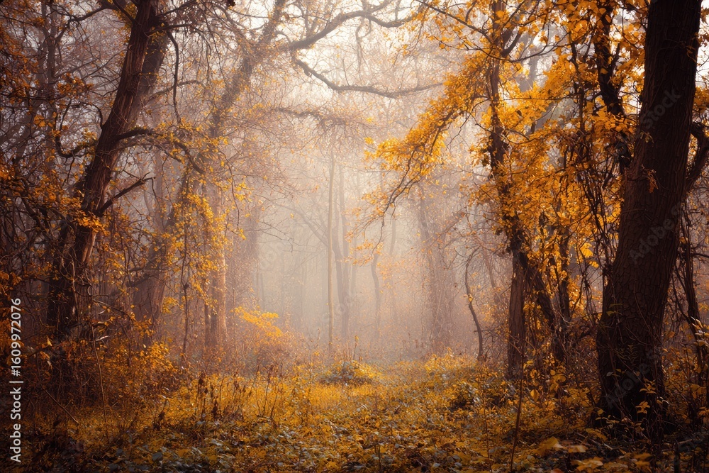 Misty autumnal forest path Misty autumnal forest path