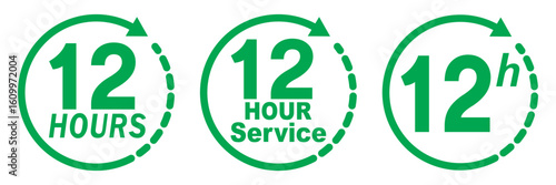 12 hours service icon vector set. Green 12h duration sign. Green 12 hours clock arrow icons, work and delivery time symbols. Green 12hr support sign collection. 12 hours icon vector set.