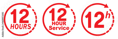 12 hours service icon vector set. Red 12h duration sign. Red 12 hours clock arrow icons, work and delivery time symbols. Red 12hr support sign collection. 12 hours icon vector set.