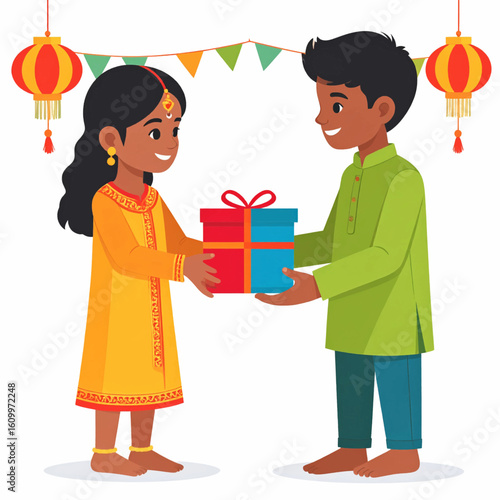 Two children, dressed in traditional attire, exchange a gift during a festive celebration.
