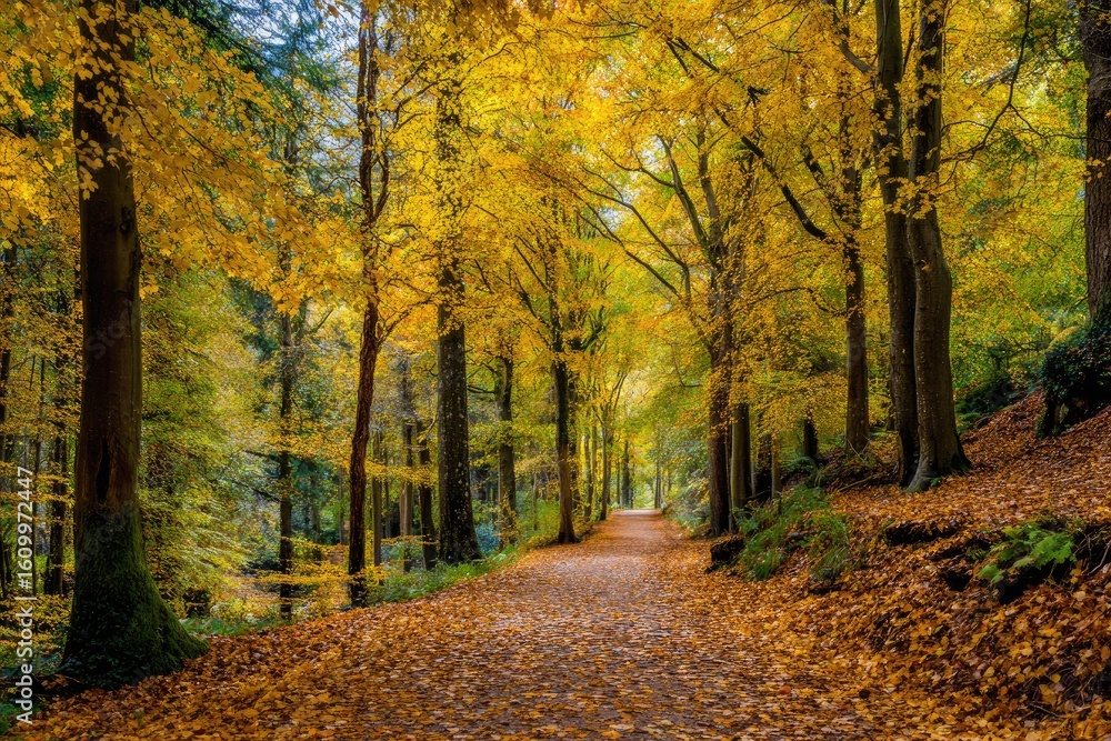 Naklejka premium Autumnal woodland path bathed in golden sunlight