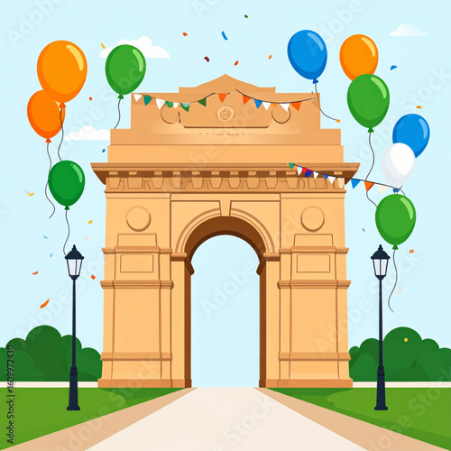 A cartoon depiction of the India Gate archway, adorned with colorful balloons and festive decorations.
