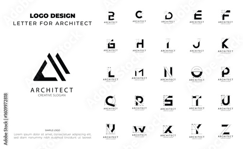 Set of letter A-Z architect logo with sketch style design for architecture and construction company. Logo initial in bundle