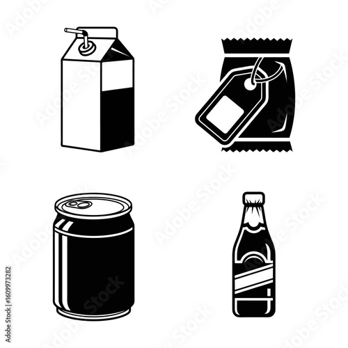 Beverage Packaging Collection Milk Carton, Bag, Can, and Bottle Icons
