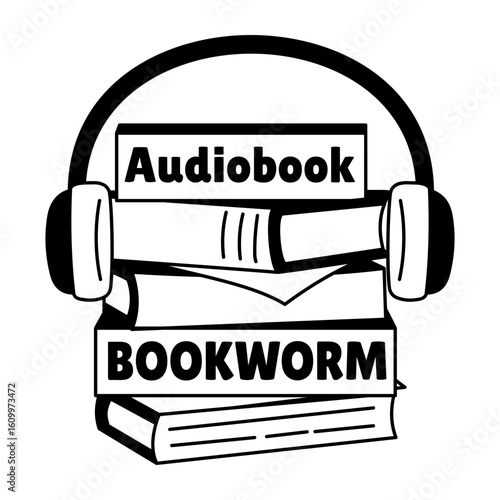 Glyph sticker of books with audiobook and bookworm typography 