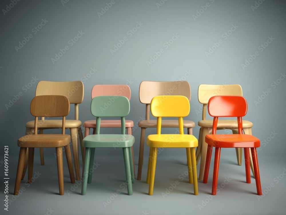 Obraz premium Colorful Wooden Chairs Arranged in a Stylish Interior Design Setting