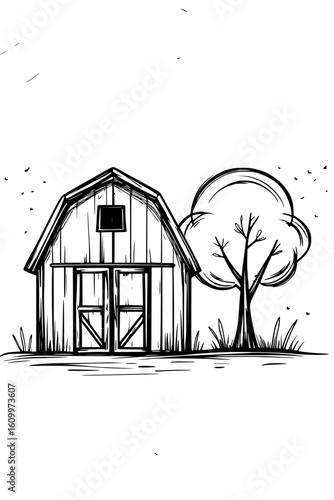 Malvorlage Scheune mit Baum