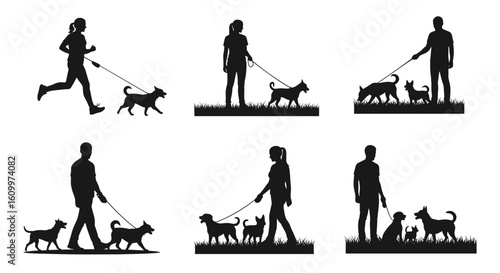 People and dogs silhouetted in various outdoor activities, illustrating moments of companionship and care. These silhouette images convey themes of love, exercise, and responsibility