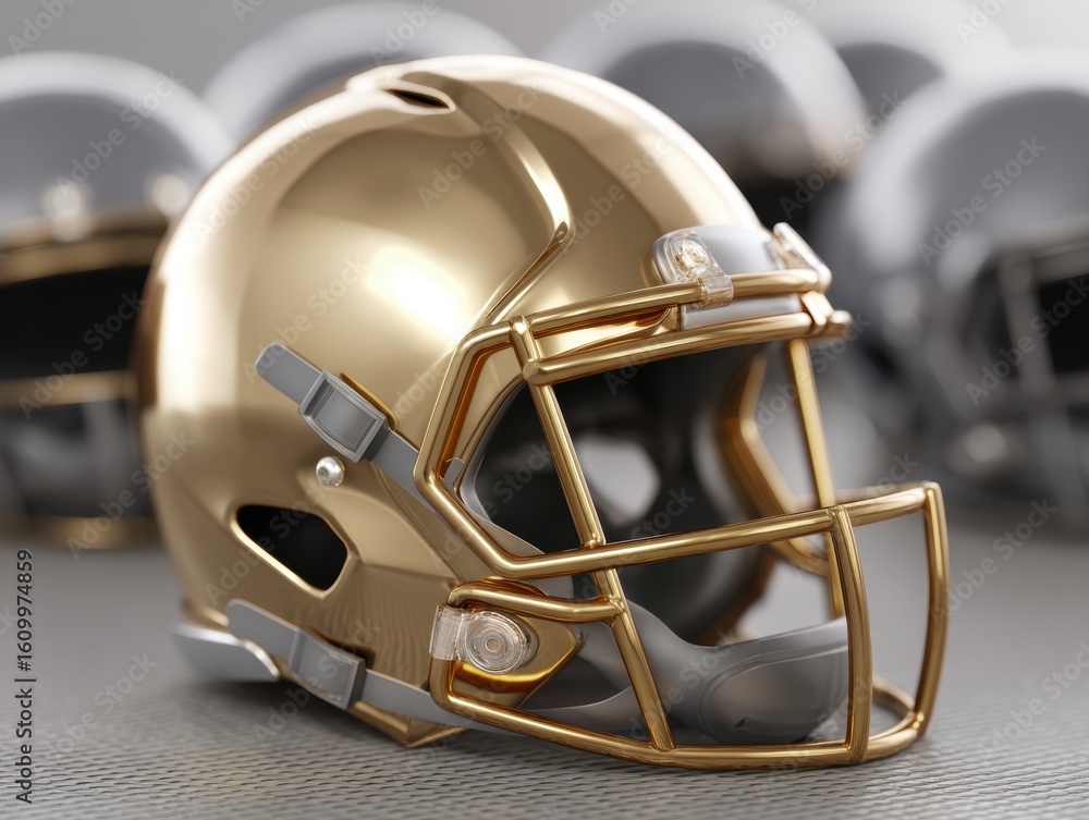 Fototapeta premium Gold Football Helmet with Facemask and Gray Background Display