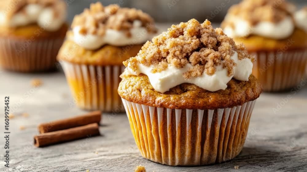 Close-up shot of delicious-looking cupcakes with creamy icing and sprinkled cinnamon Close-up shot of delicious-looking cupcakes with creamy icing and sprinkled cinnamon