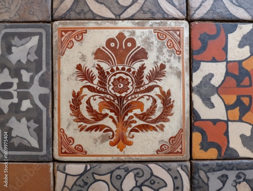 Vintage Decorative Tiles with Intricate Floral Patterns and Colors