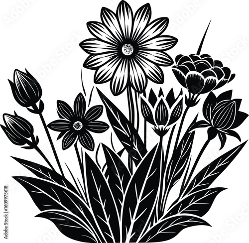 Black and white floral design with vintage flower and leaf patterns