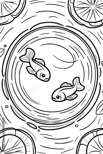 Zwei traurige Fische im Teich mit Seerosen – Ausmalbild