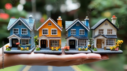 Fototapeta Naklejka Na Ścianę i Meble -  Houses in hand, blurred street background