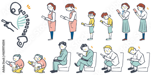 スマートフォン依存によるスマホ首・ストレートネックによる悪姿勢のイメージ　セットのストックイラスト素材
