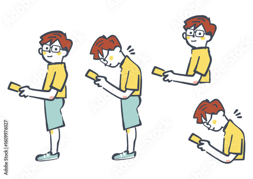 スマートフォン依存によるスマホ首・ストレートネックによる悪姿勢　子ども　セットのストックイラスト素材
