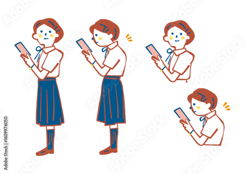 スマートフォン依存によるスマホ首・ストレートネックによる悪姿勢　女子学生　セットのストックイラスト
