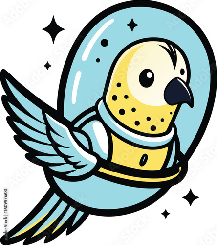 Yellow budgie astronaut floating in blue bubble with stars space helmet