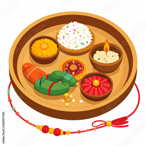 A festive Raksha Bandhan thali with diya, rakhi, sweets, and rice arranged on a wooden plate.