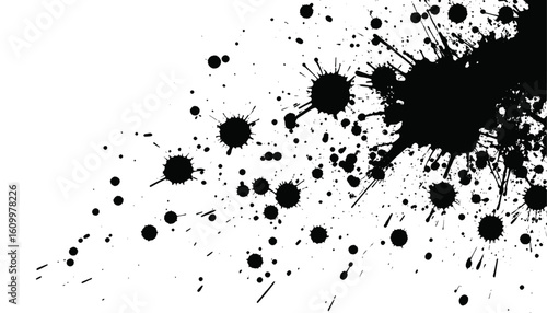 Chaotic black ink splatters perfect for backgrounds, posters, prints, and creative design projects needing a dynamic and edgy look.